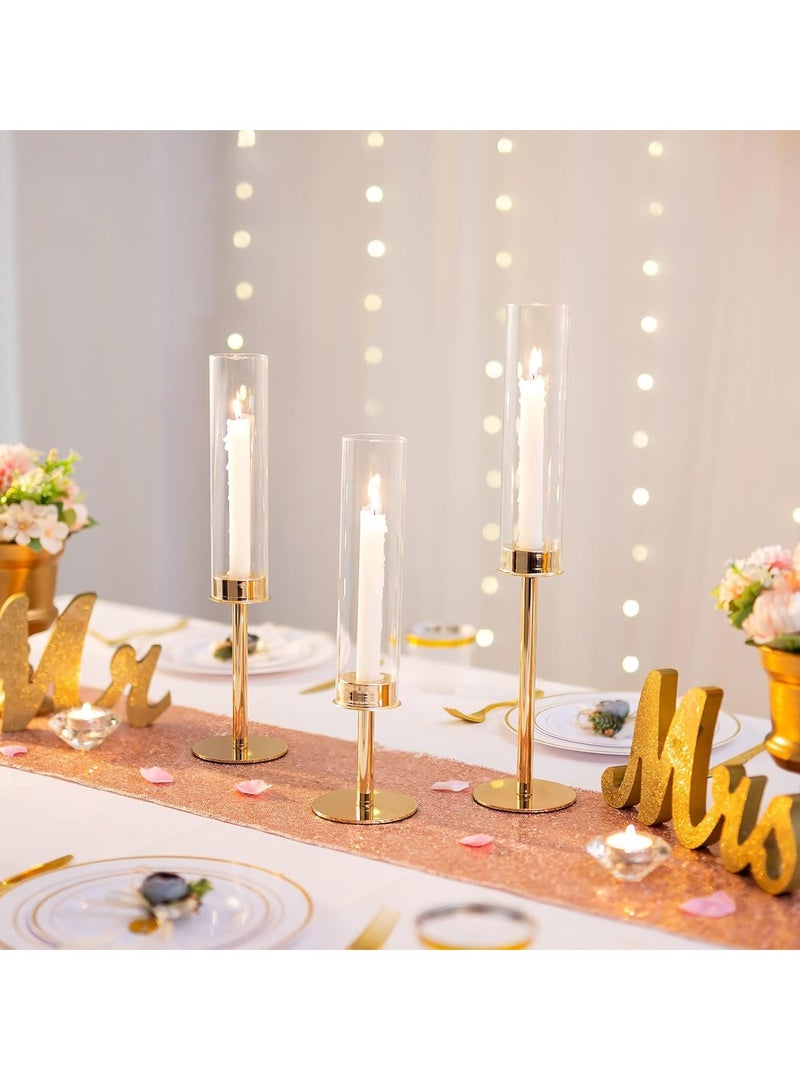 Excefore حاملي الشموع الذهبية لحامل الشموع - حامل شموع طويل مع زجاج قابل للإزالة، حاملي الشموع النحاسية الطويلة، حامل الشموع الطويل لمركز الطاولة، المنزل، 3 قطع - Image 3