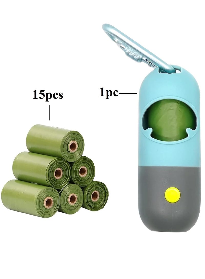 حقيبة قمامة للكلاب 15 قطعة حقيبة 1 قطعة موزع مع مصباح LED مدمج ومشبك معدني للحزام، حامل أكياس فضلات الحيوانات الأليفة، ملحقات مشي الكلاب (لون عشوائي) - Image 1
