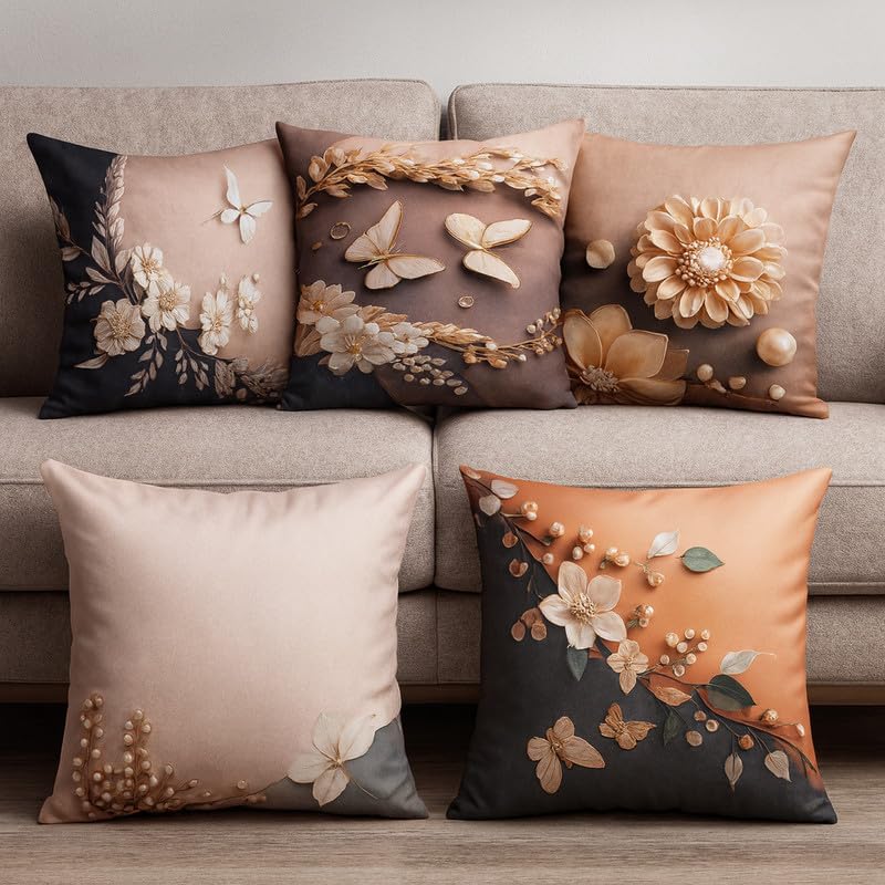 Vendola 3D Decorative Satin Sofa Cushion Covers Set of 5, 16 inch x 16 inch, Sofa Pillow Cover, Beige and Cream, Floral Design, Zipper Closure (Pearl Bloom, 16X16 Inches) - Image 1