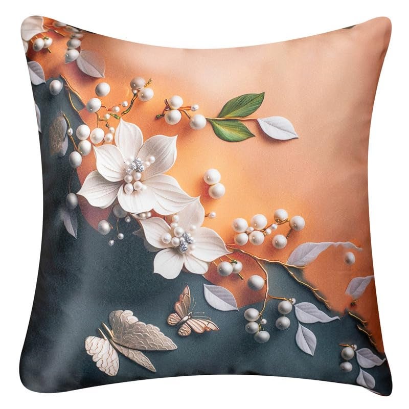 Vendola 3D Decorative Satin Sofa Cushion Covers Set of 5, 16 inch x 16 inch, Sofa Pillow Cover, Beige and Cream, Floral Design, Zipper Closure (Pearl Bloom, 16X16 Inches) - Image 4