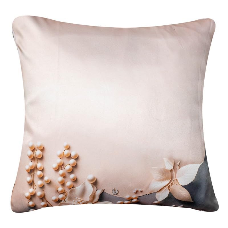 Vendola 3D Decorative Satin Sofa Cushion Covers Set of 5, 16 inch x 16 inch, Sofa Pillow Cover, Beige and Cream, Floral Design, Zipper Closure (Pearl Bloom, 16X16 Inches) - Image 5