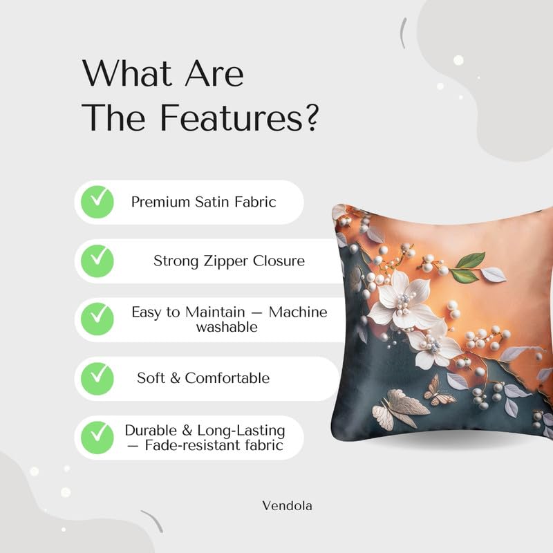Vendola 3D Decorative Satin Sofa Cushion Covers Set of 5, 16 inch x 16 inch, Sofa Pillow Cover, Beige and Cream, Floral Design, Zipper Closure (Pearl Bloom, 16X16 Inches) - Image 2