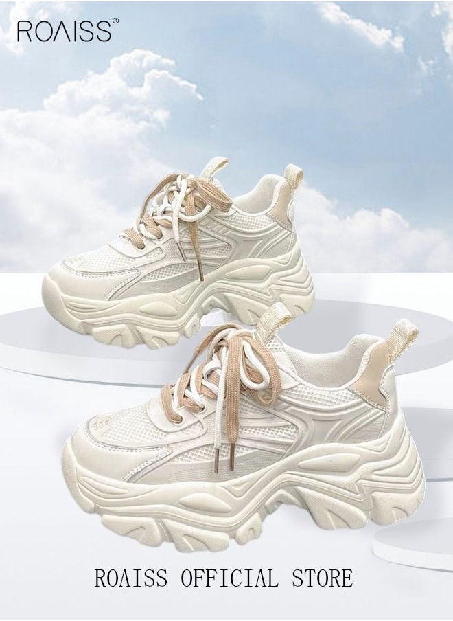 roaiss - Ladies Thick Sole Sneakers Stylish Double Shoelaces Shoes Sports Casual Breathable Wear Resistant Low Top Walking Shoes Women's Fashion All-Match Platform 5 CM Sneakers Athlesiure Shoes - Image 1