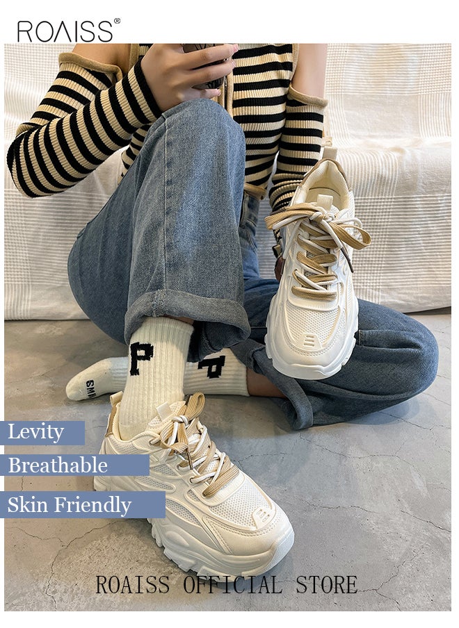 roaiss - Ladies Thick Sole Sneakers Stylish Double Shoelaces Shoes Sports Casual Breathable Wear Resistant Low Top Walking Shoes Women's Fashion All-Match Platform 5 CM Sneakers Athlesiure Shoes - Image 1