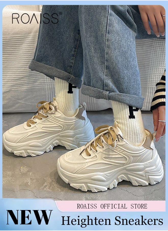 roaiss - Ladies Thick Sole Sneakers Stylish Double Shoelaces Shoes Sports Casual Breathable Wear Resistant Low Top Walking Shoes Women's Fashion All-Match Platform 5 CM Sneakers Athlesiure Shoes - Image 1