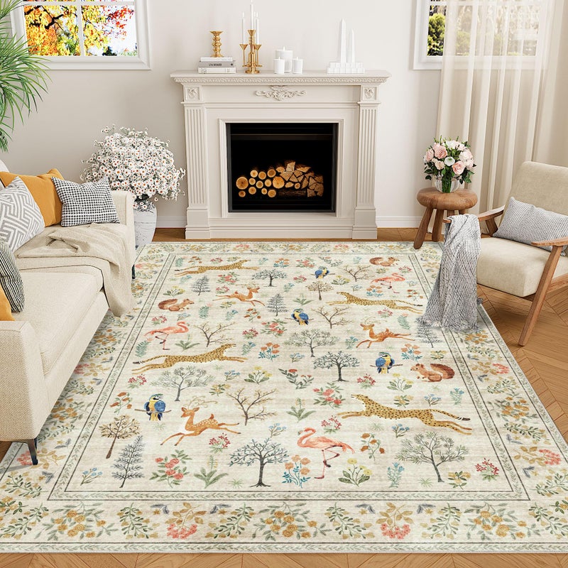 DUKINO 5x7 Rug, Washable Animal Living Room Rug with Non Slip Vintage Design, Soft Low Pile Large Carpet for Bedroom, Nursery, Dining Room, Farmhouse, Playroom, White - Image 1