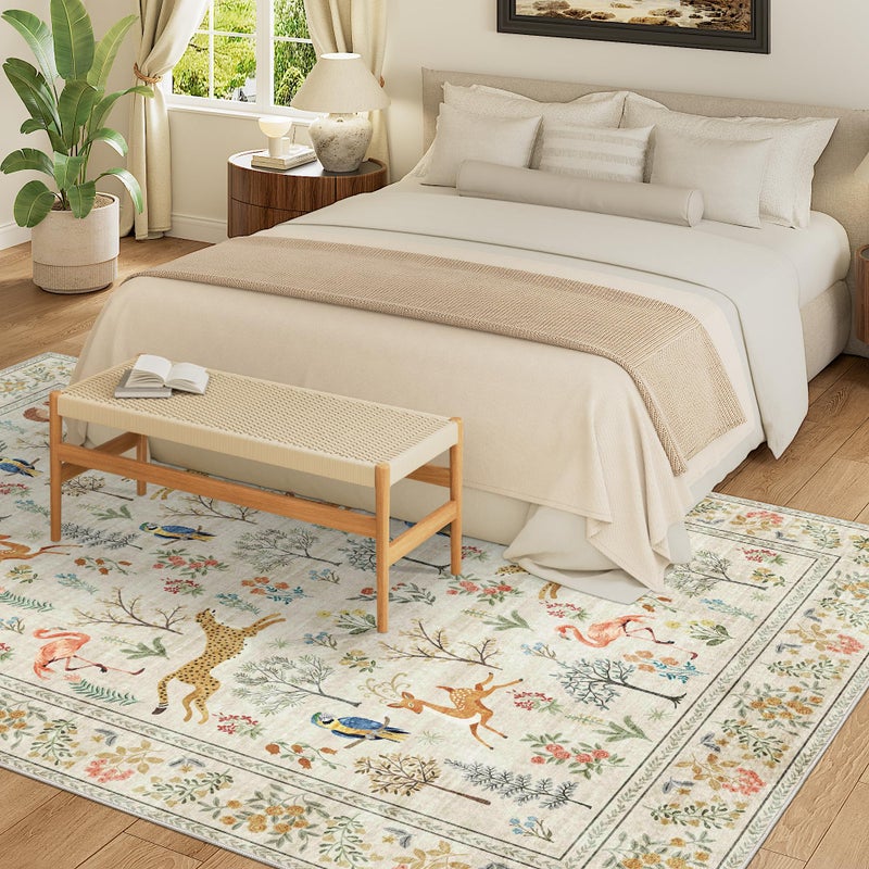 DUKINO 5x7 Rug, Washable Animal Living Room Rug with Non Slip Vintage Design, Soft Low Pile Large Carpet for Bedroom, Nursery, Dining Room, Farmhouse, Playroom, White - Image 3