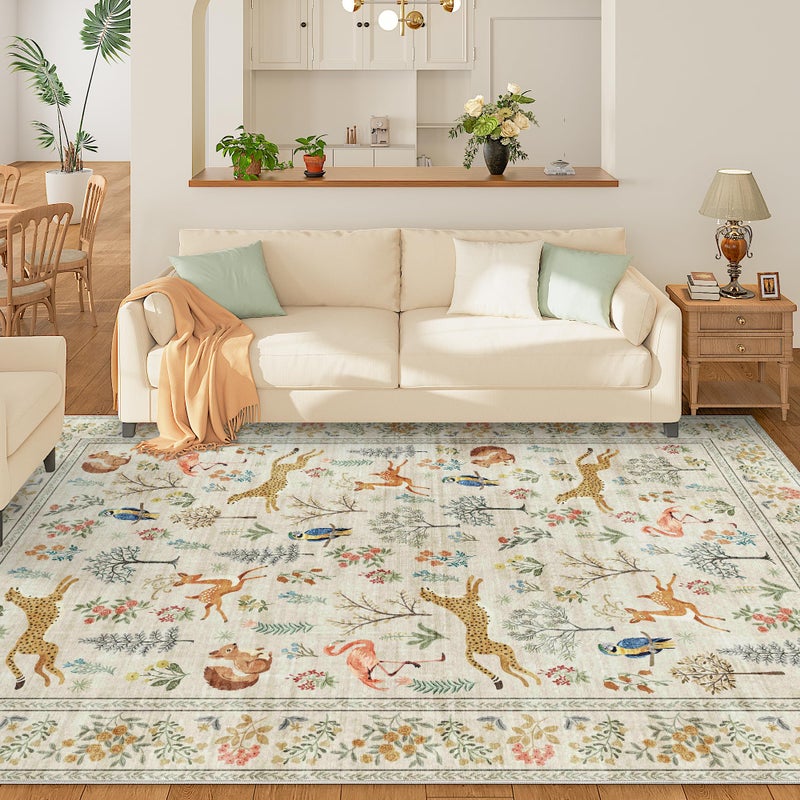 DUKINO 5x7 Rug, Washable Animal Living Room Rug with Non Slip Vintage Design, Soft Low Pile Large Carpet for Bedroom, Nursery, Dining Room, Farmhouse, Playroom, White - Image 2