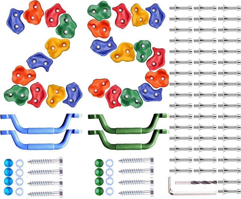 NOSTIFY 25 Pcs Colourful Pig Nose Shape Rock Climbing Holds with Blue & Green Auxiliary Handles, Indoor Outdoor Playground Wooden Play Set Build Exercise Toy Accessory - Mounting Hardware Kit Included - Image 1