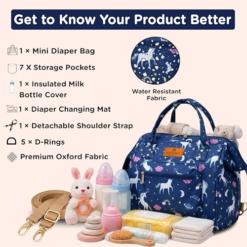 Motherly Nano Diaper Bag for Mothers for Travel– Combo Set with Accessories, Small Maternity Handbag for Newborn Baby,Mothers Travelling Bag,Multiple Pockets Water Resistant Baby Bag (Unicorn Blue) - Image 2