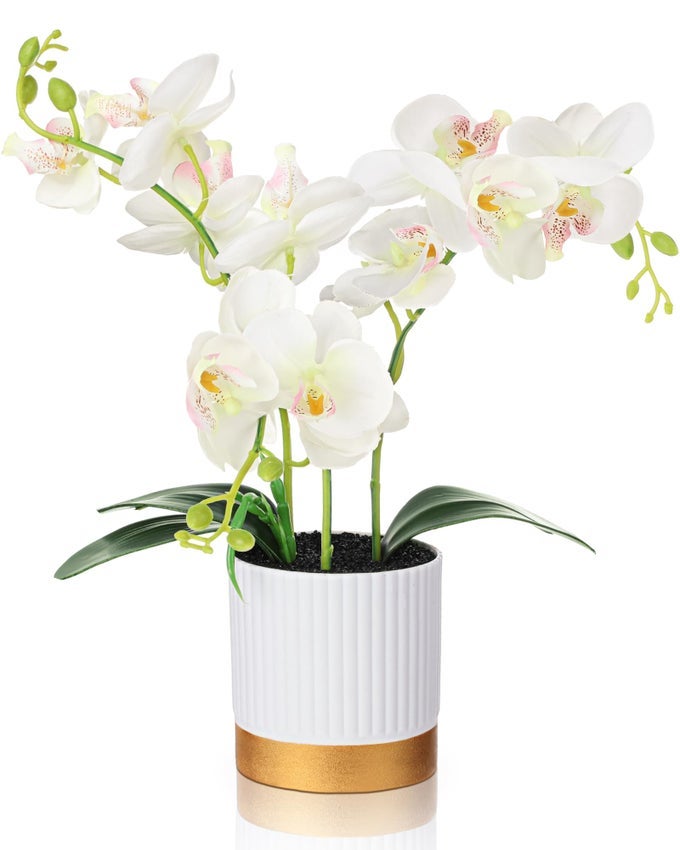 ORCHID ARTIFICIAL FLOWERS IN POT 15 INCHES ARTIFICIAL ORCHID FLOWERS PHALAENOPSIS POTTING FOR HOME OFFICE WEDDING BATHROOM CENTERPIECE DECORWHITE