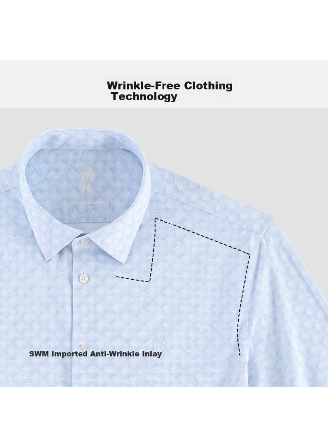 Ouding First Class 690 Sky Blue Plaid High Elasticity Wrinkle-free Long Sleeve Shirt Men's Sky Blue Plaid 41 - Image 1