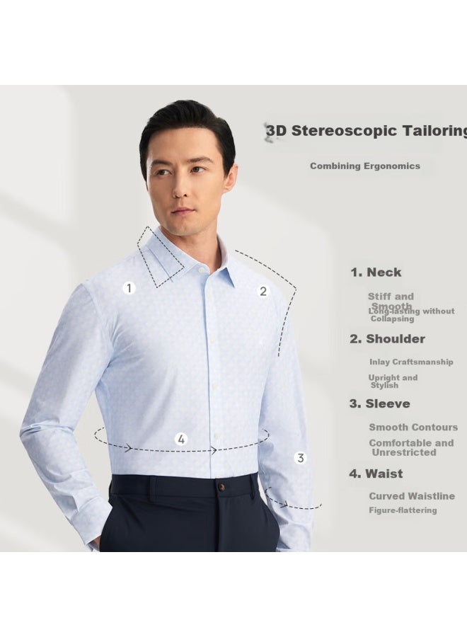Ouding First Class 690 Sky Blue Plaid High Elasticity Wrinkle-free Long Sleeve Shirt Men's Sky Blue Plaid 41 - Image 2