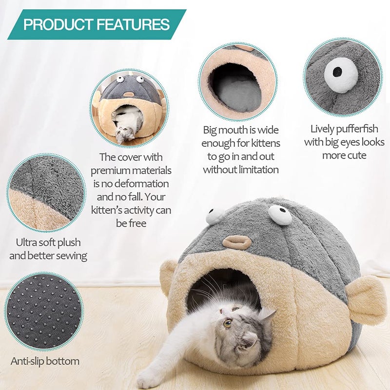 Lcybem Cat Beds for Indoor Cats - Cat Bed Cave with Removable Washable Cushioned Pillow, Soft Plush Premium Cotton No Deformation Pet Bed, Lively Pufferfish cat House Design, Grey, Multiple Sizes - Image 3