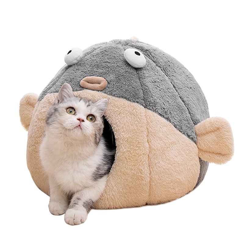 Lcybem Cat Beds for Indoor Cats - Cat Bed Cave with Removable Washable Cushioned Pillow, Soft Plush Premium Cotton No Deformation Pet Bed, Lively Pufferfish cat House Design, Grey, Multiple Sizes - Image 1