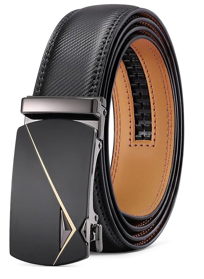 Leather Belt for Men Automatic Ratchet Buckle Slide Dress Casual Belts 1 3/8'' Wide Adjustable Trim to Fit(Black-20) - Image 1