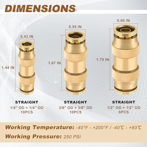 Boeray 26pcs Quick Connect Brass DOT Air Line Fittings Straight Union 14 38 12 Tube Push to Connect Fittings Air Suspension Fittings Straight Air Brake Union Push Lock Pneumatic Air Hose Fitting - Image 3