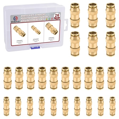 Boeray 26pcs Quick Connect Brass DOT Air Line Fittings Straight Union 14 38 12 Tube Push to Connect Fittings Air Suspension Fittings Straight Air Brake Union Push Lock Pneumatic Air Hose Fitting - Image 1