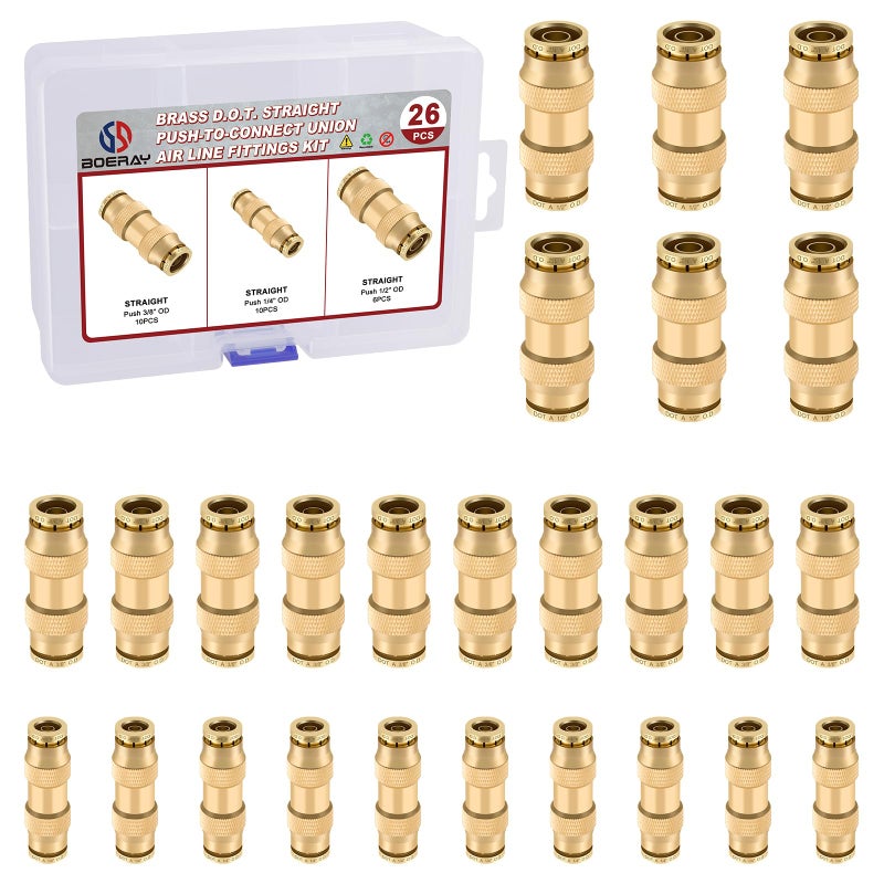 Boeray 26pcs Quick Connect Brass DOT Air Line Fittings Straight Union 14 38 12 Tube Push to Connect Fittings Air Suspension Fittings Straight Air Brake Union Push Lock Pneumatic Air Hose Fitting - Image 2