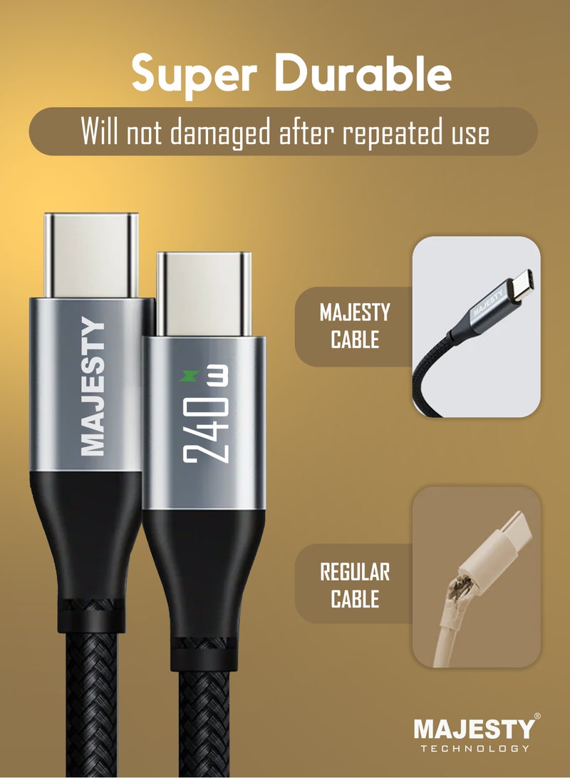 كابل  USB-C إلى USB-C بطول 1.8 متر، بقدرة شحن تصل إلى 240 واط، ويدعم تقنية PD 3.1، مع تصميم مضفر لزيادة المتانة.