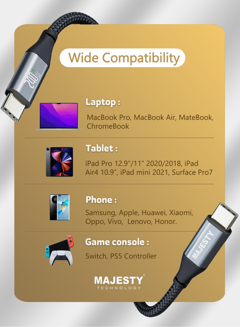 كابل  USB-C إلى USB-C بطول 1.8 متر، بقدرة شحن تصل إلى 240 واط، ويدعم تقنية PD 3.1، مع تصميم مضفر لزيادة المتانة.