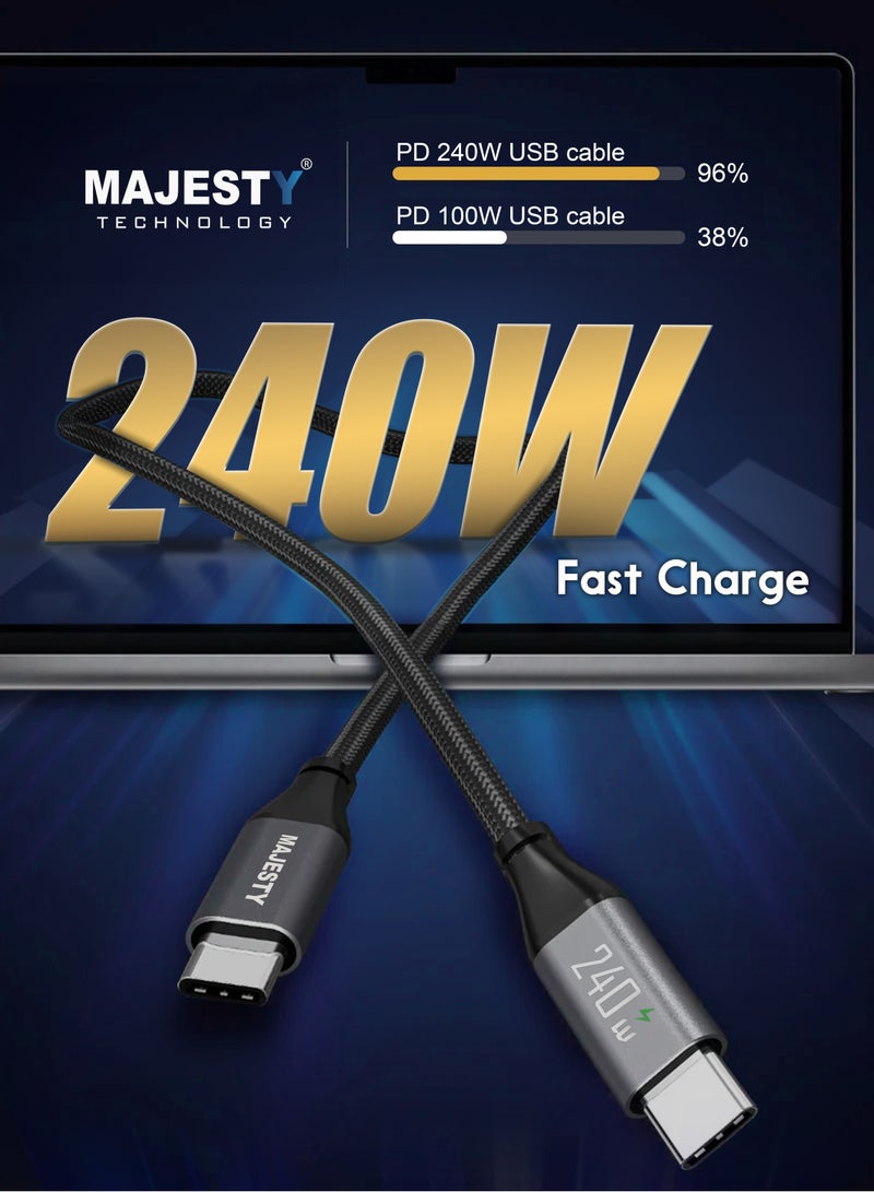 كابل  USB-C إلى USB-C بطول 1.8 متر، بقدرة شحن تصل إلى 240 واط، ويدعم تقنية PD 3.1، مع تصميم مضفر لزيادة المتانة.