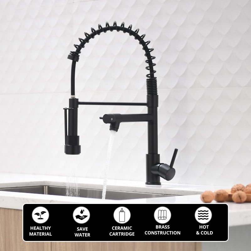 AIMADI Black Kitchen Faucet with 2 Function Sprayer,Commercial Stainless Steel Single Handle Single Hole Spring Matte Black Kitchen Faucet - Image 2