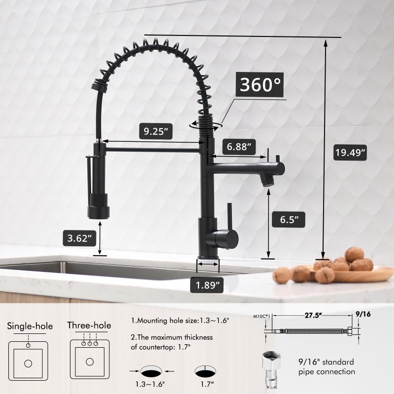 AIMADI Black Kitchen Faucet with 2 Function Sprayer,Commercial Stainless Steel Single Handle Single Hole Spring Matte Black Kitchen Faucet - Image 4