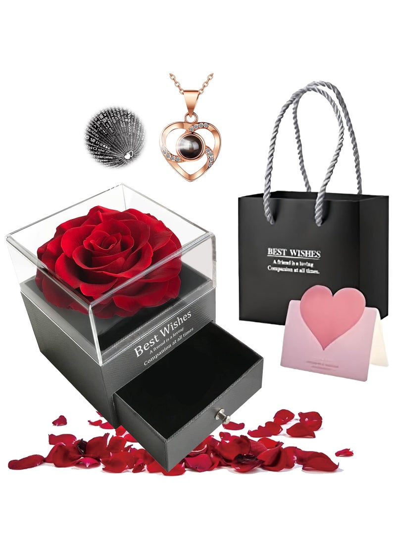 Adando Adando Eternal Rose with Gift Box Cute Eternal Red Rose Set with I Love You Necklace Handmade Preserved Rose Jewelry Box for Mom/Wife/Girlfriend A Romantic Gift for Her  - Image 1