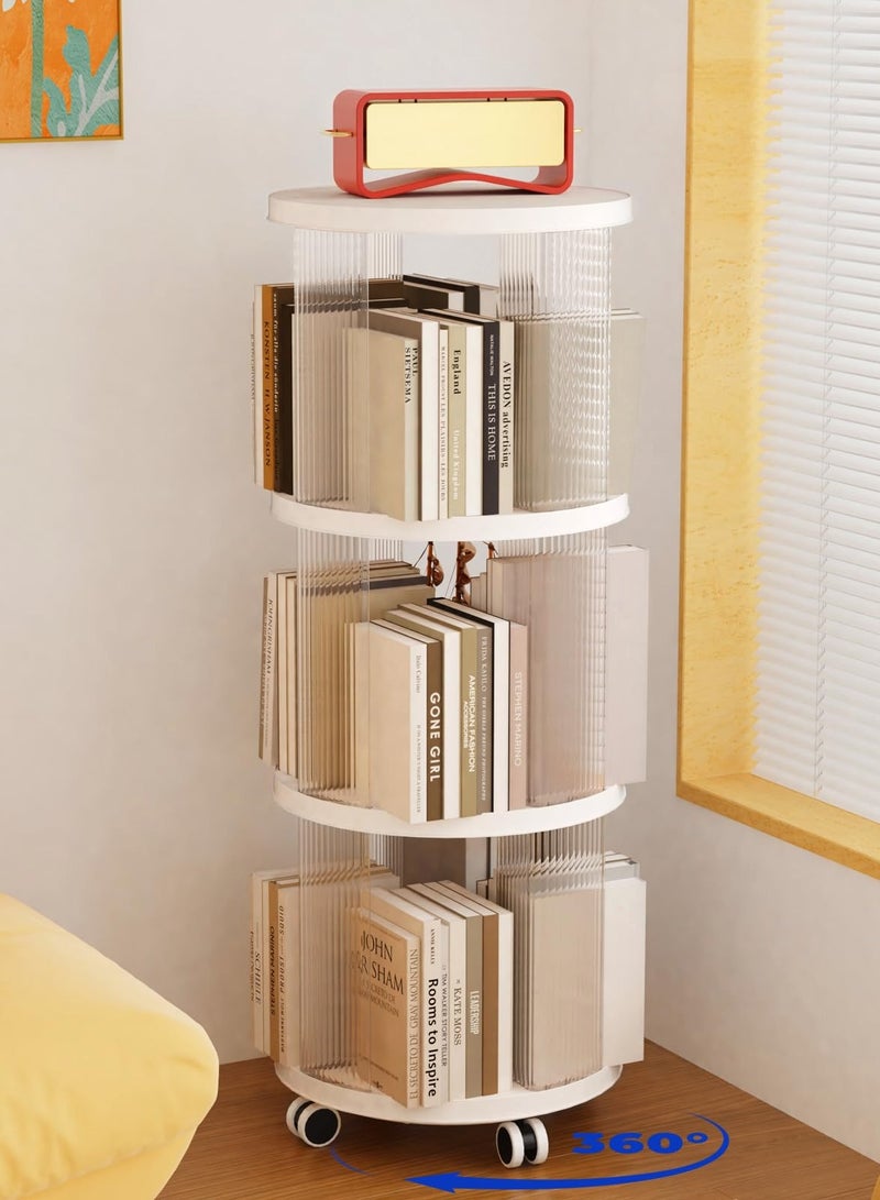XiuWoo Rotating Bookshelf, 360°Display Spinning Rolling Bookshelf Tower, 3 Tiers Moveable White Small Mobile Corner Bookcase Suitable for Bedrooms, Living Rooms, Offices, and Study Rooms - Image 1