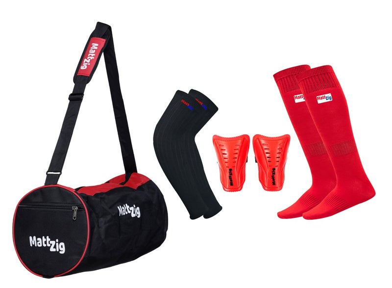 MATTZIG ® Club Football Kit (One Pair of Knee Length Lycra Cotton Socks + One Pair of Shin Guard + One Pair of Cotton Arm Sleeves + One Kit Bag) (Red) - Image 1