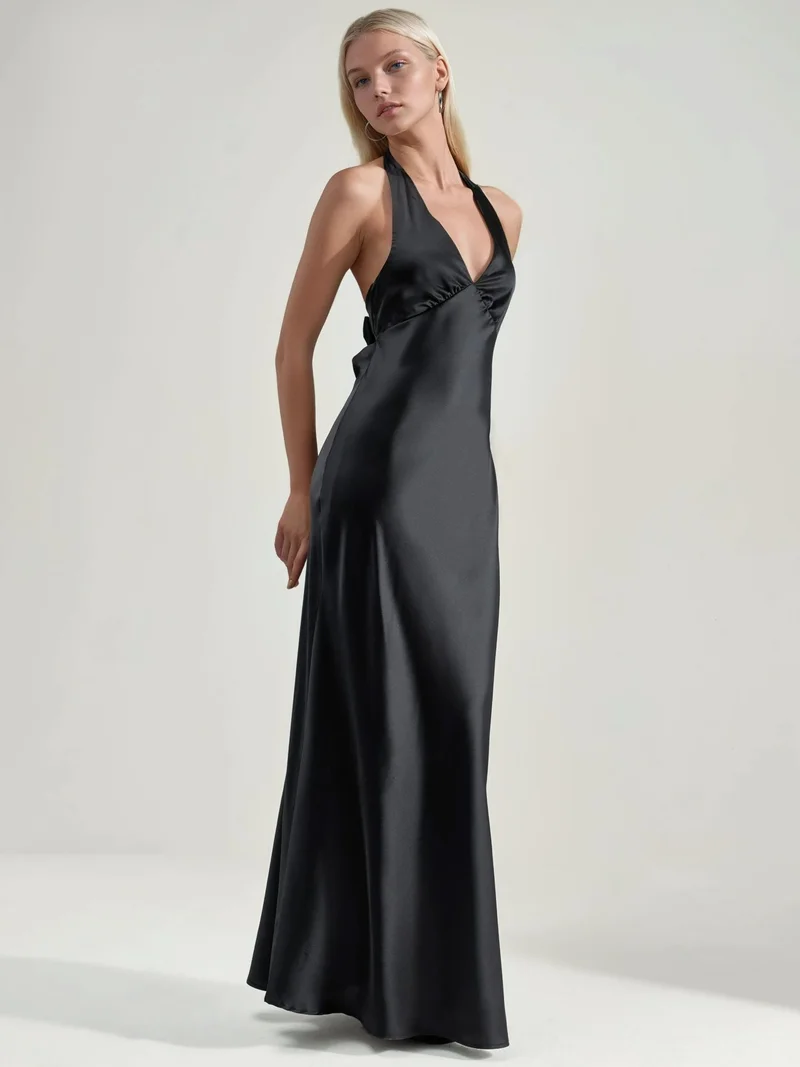 هيكاب Halter Neck V-Neck Satin Maxi Dress