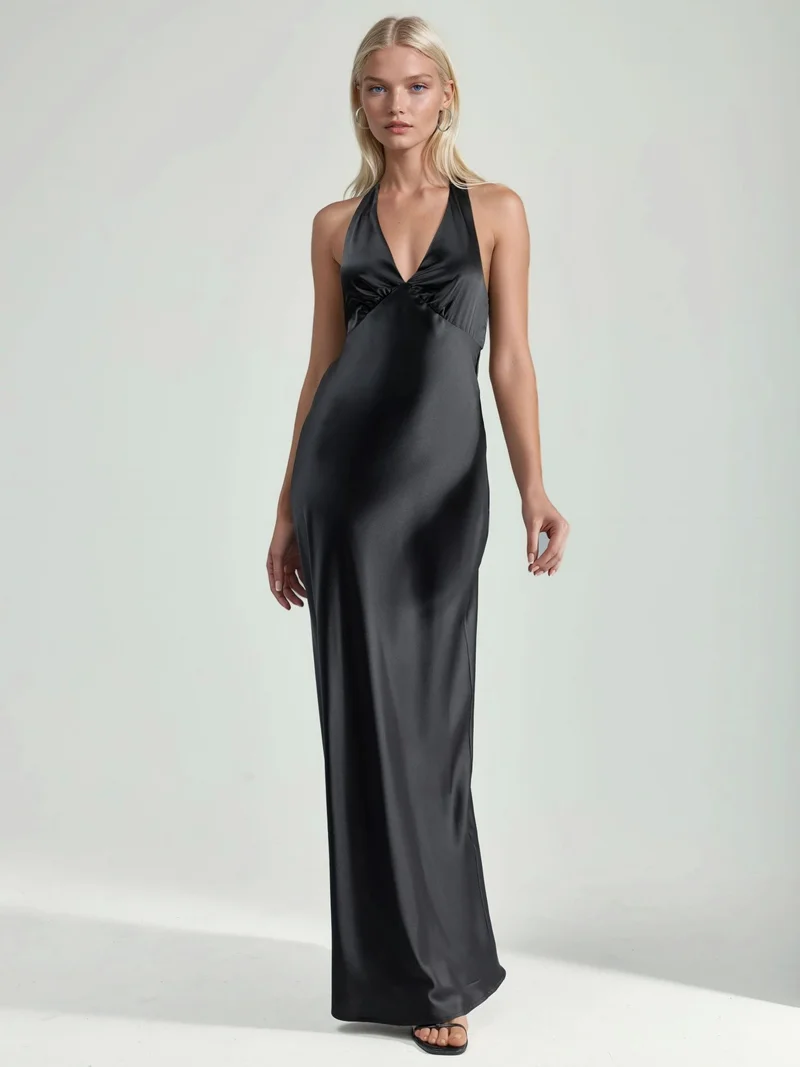 هيكاب Halter Neck V-Neck Satin Maxi Dress