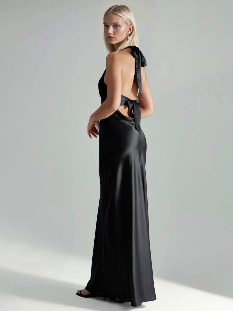 HICCUP Halter Neck V-Neck Satin Maxi Dress - Image 5