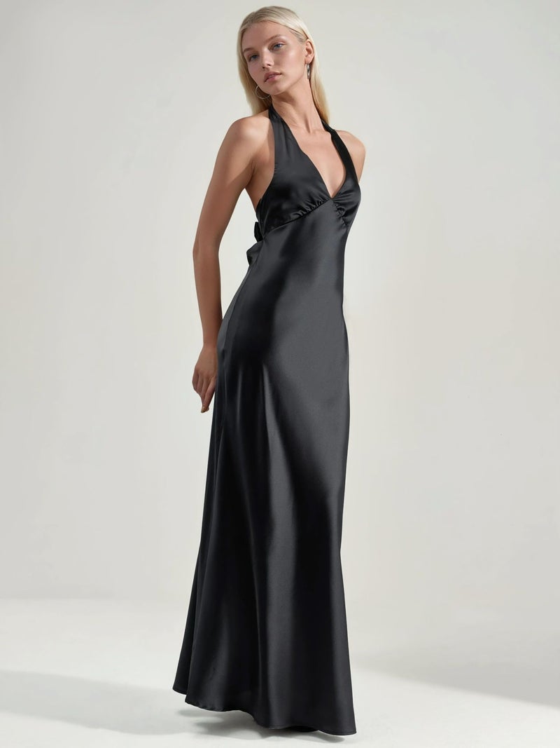 HICCUP Halter Neck V-Neck Satin Maxi Dress - Image 3