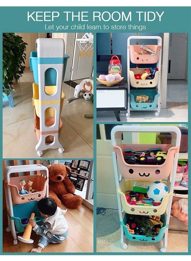 TodyJeyHo Kids Toy Storage Organizer 4-Tier Rolling Cart,Playful Colors Smiley DesignChildren Playroom Decor Doll Activity Rack Shelf  Mobile Move Everywhere with Caster Wheels (4L) - Image 5