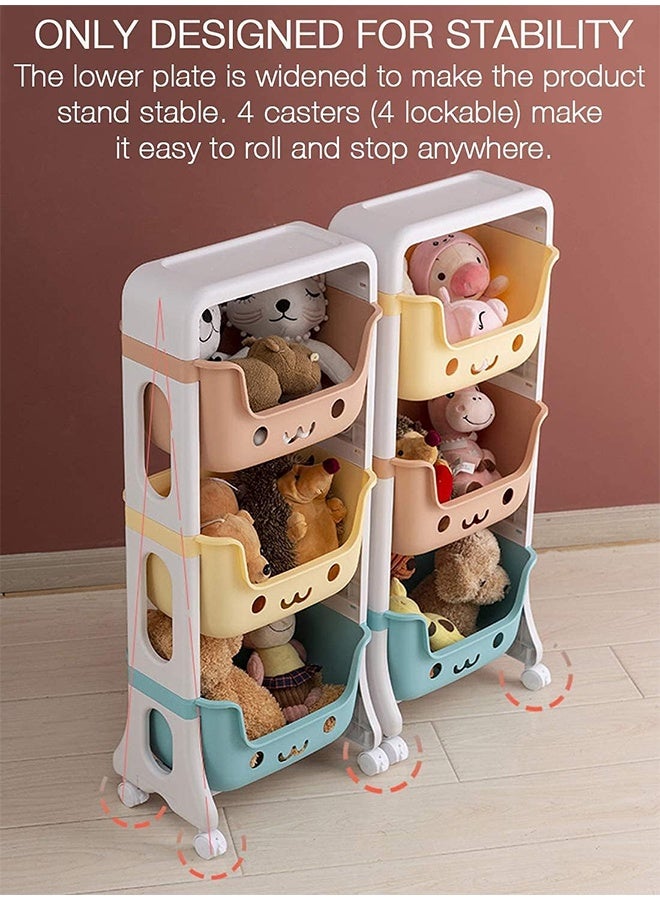 TodyJeyHo Kids Toy Storage Organizer 4-Tier Rolling Cart,Playful Colors Smiley DesignChildren Playroom Decor Doll Activity Rack Shelf  Mobile Move Everywhere with Caster Wheels (4L) - Image 4