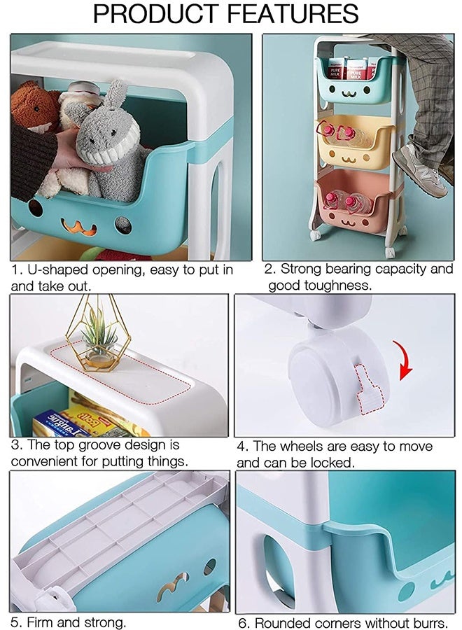 TodyJeyHo Kids Toy Storage Organizer 4-Tier Rolling Cart,Playful Colors Smiley DesignChildren Playroom Decor Doll Activity Rack Shelf  Mobile Move Everywhere with Caster Wheels (4L) - Image 3