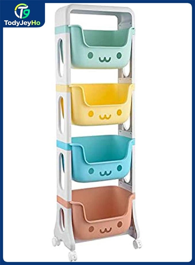 TodyJeyHo Kids Toy Storage Organizer 4-Tier Rolling Cart,Playful Colors Smiley DesignChildren Playroom Decor Doll Activity Rack Shelf  Mobile Move Everywhere with Caster Wheels (4L) - Image 1