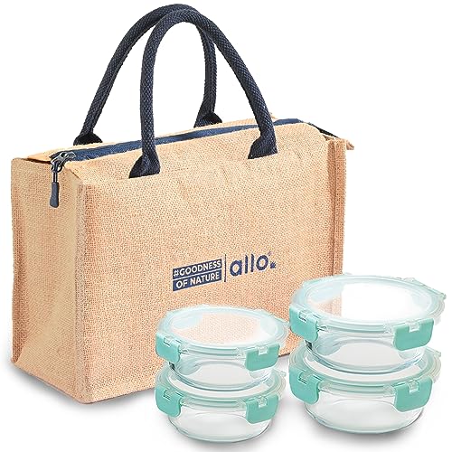 Allo Food Safe Glass Lunch Box With Breakfree Detachable Lock, Microwave Safe Lunch Box Borosilicate Glass Tiffin For Office With Jute Tiffin Bag, Set Of 4, 215Ml X 2 & 390Ml X 2, Beige - Image 1