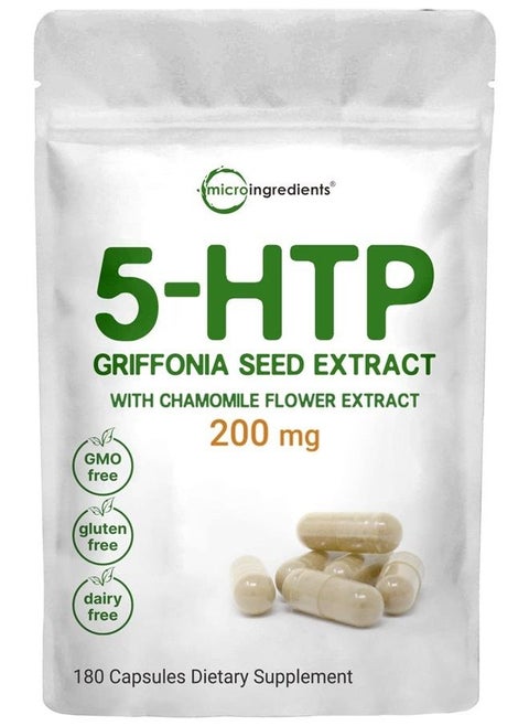 5-HTP 200mg مع مستخلص زهرة البابونج، 180 كبسولة، تركيبة 2 في 1، مستخلص بذور الجريفونيا بنسبة 98%، معزز بالبابونج | متوفر بيولوجيًا بدرجة عالية لتحسين الحالة المزاجية والنوم والاسترخاء