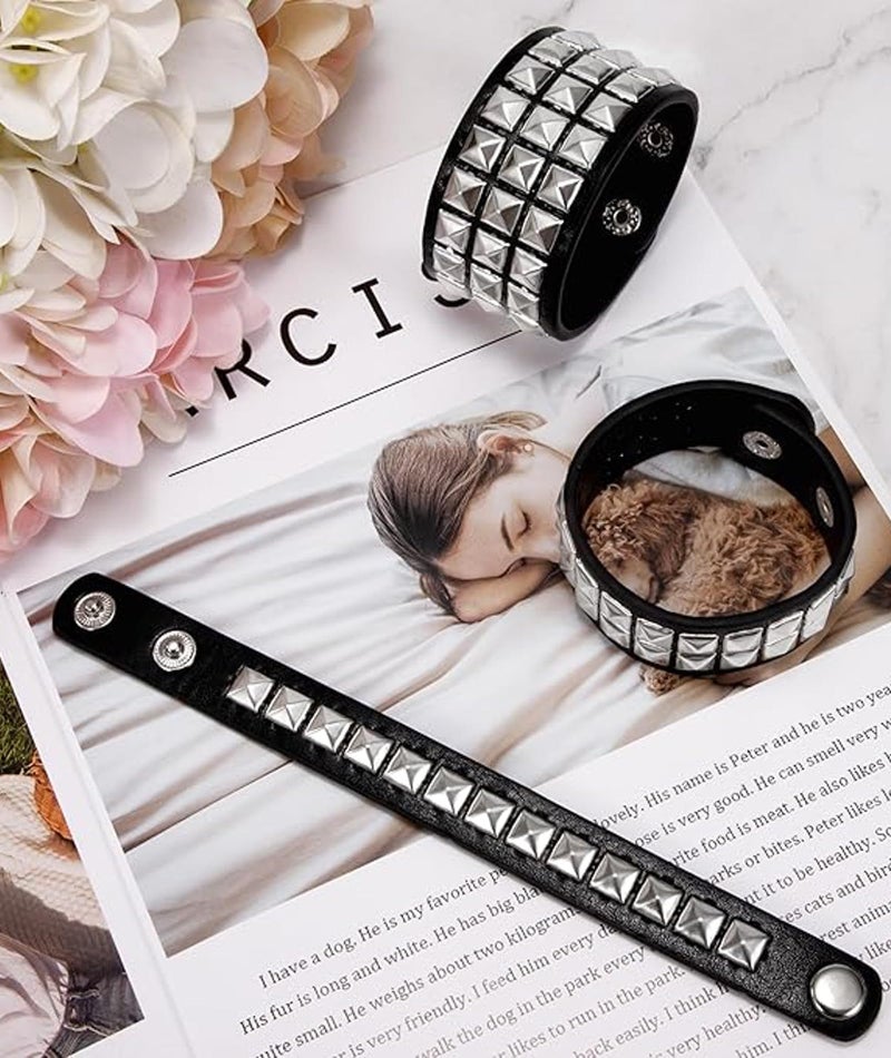 KalamkariX Punk Bracelet, Gothic Style Wristband with Layered Black Square Leather Design, Perfect for Rock Concerts and Gothic Themed Parties, Fashion Statement for Punk Costume Accessories - Image 4