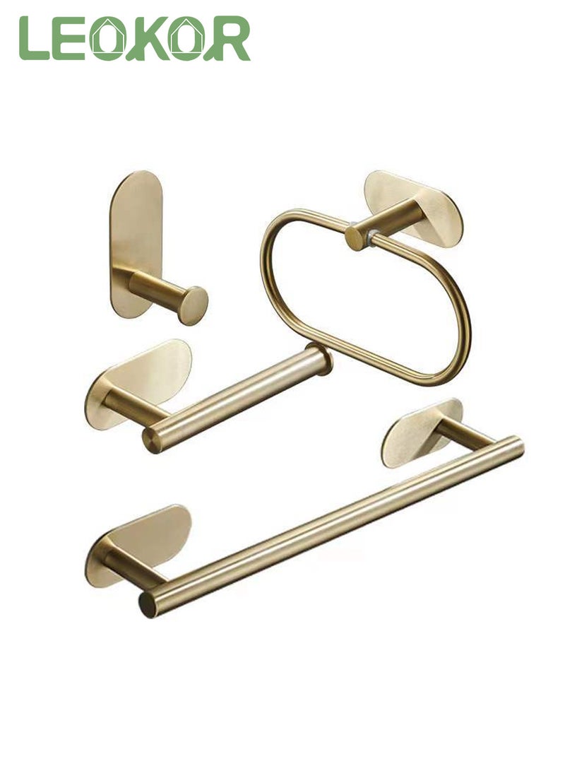 LEOKOR 4 Pcs Bathroom Towel Rack Hardware, 304 Stainless Steel Wall Mounted with 16" Hand Towel Bar, Hand Towel Ring, Toilet Paper Holder, Robe Towel Hook for Bathroom (Gold) - Image 1