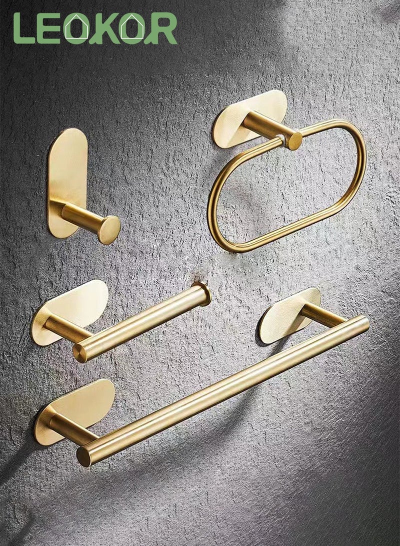 LEOKOR 4 Pcs Bathroom Towel Rack Hardware, 304 Stainless Steel Wall Mounted with 16" Hand Towel Bar, Hand Towel Ring, Toilet Paper Holder, Robe Towel Hook for Bathroom (Gold) - Image 2