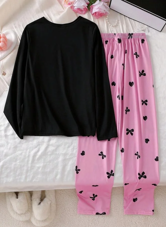 Take Two Girls Black Long Sleeve T-Shirt and Pyjama Set