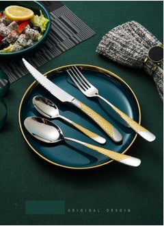 Excefore 4-Piece ​Hammered Silver Gold Cutlery Set with Ultra Sharp 2-in-1 Serrated Knive, Golden 18/10 Stainless Steel Silverware Set, Flatware Set for 1 People, Knives Forks Spoons Set  - Image 2