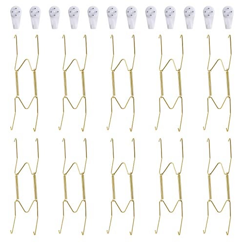 Fasunry 10Piece Brass Plate Wall Hangers 8 Inch Invisible Decorative Plate Holders Comes with 12Piece Wall Hooks