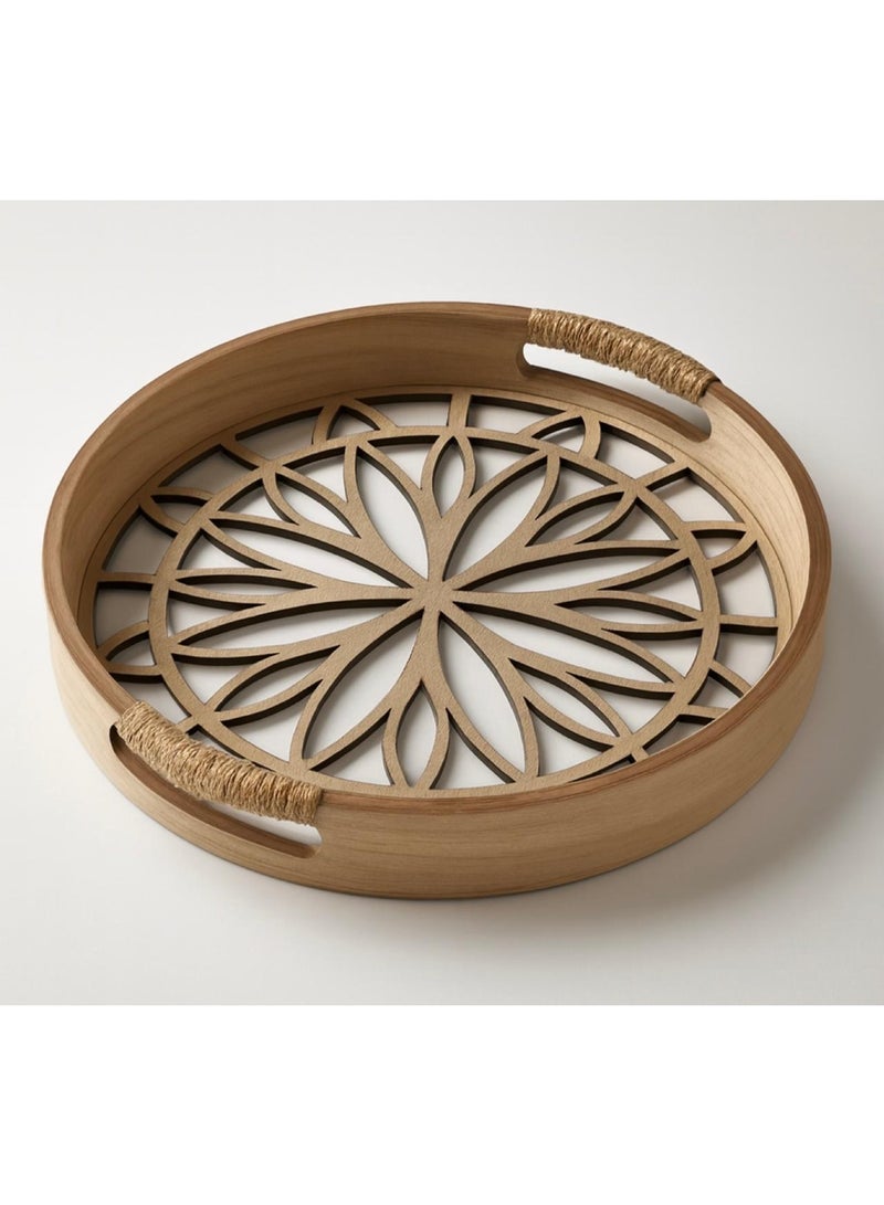 Two-piece round wooden serving tray set with a luxurious glass base - Image 1