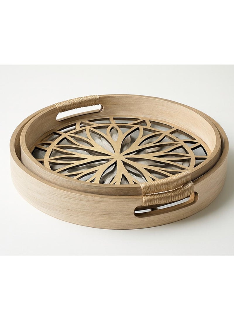 Two-piece round wooden serving tray set with a luxurious glass base - Image 2