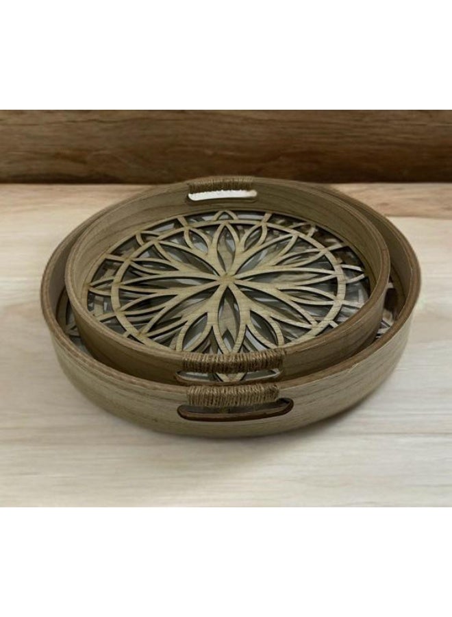 Two-piece round wooden serving tray set with a luxurious glass base - Image 3